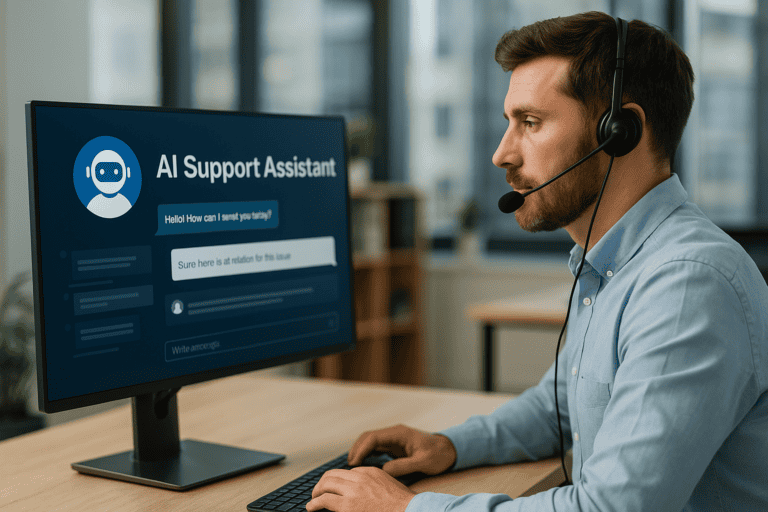 Mann mit Headset arbeitet an Computer mit AI Support Assistant-Software.