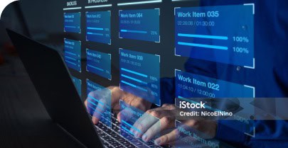 Dashboard mit digitalen Arbeitsdaten und Projektübersicht.